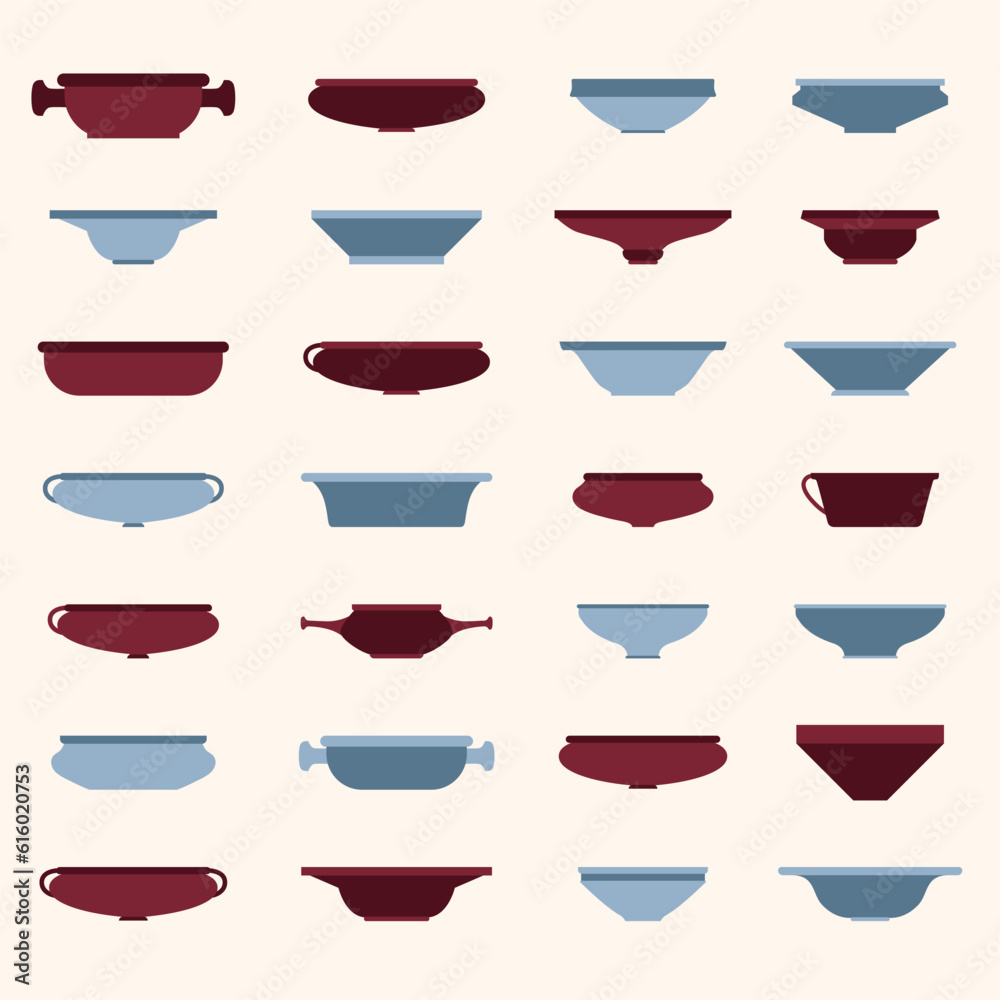 Vector flat illustration set pottery. Various plates for food. Decorative dish for meal. Pottery workshop icons set. Product made on a potters wheel. Traditional crockery Vector flat illustration set pottery. Various plates for food. Decorative dish for meal. Pottery workshop icons set. Product made on a potters wheel. Traditional crockery
