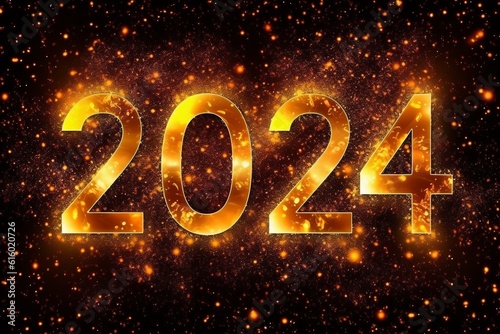 Happy new year 2024 text with glitter gold numbers on fireworks background, generative Ai