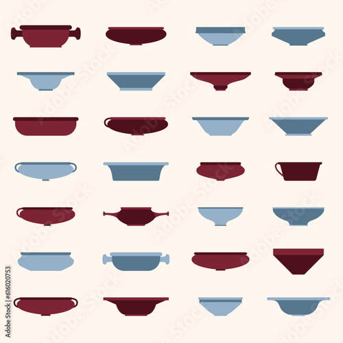 Vector flat illustration set pottery. Various plates for food. Decorative dish for meal. Pottery workshop icons set. Product made on a potters wheel. Traditional crockery