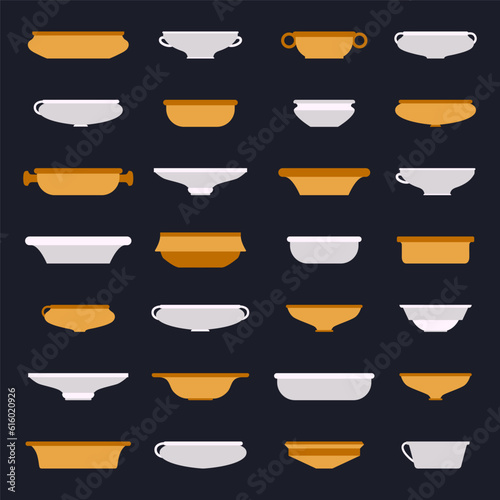 Vector flat illustration set. Various dishes for food. Pottery studio icon set. Products made on potters wheel. Natural clay products in a simple style. traditional crockery