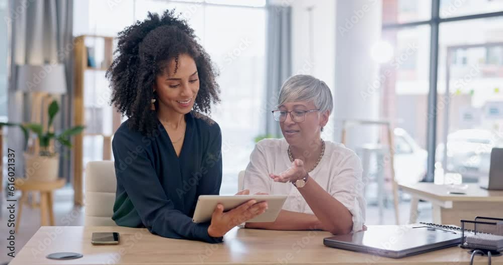 Team, meeting and women with tablet for digital layout and web design with tech and collaboration at SEO agency. Creative female employees, planning and discussion with research for app development