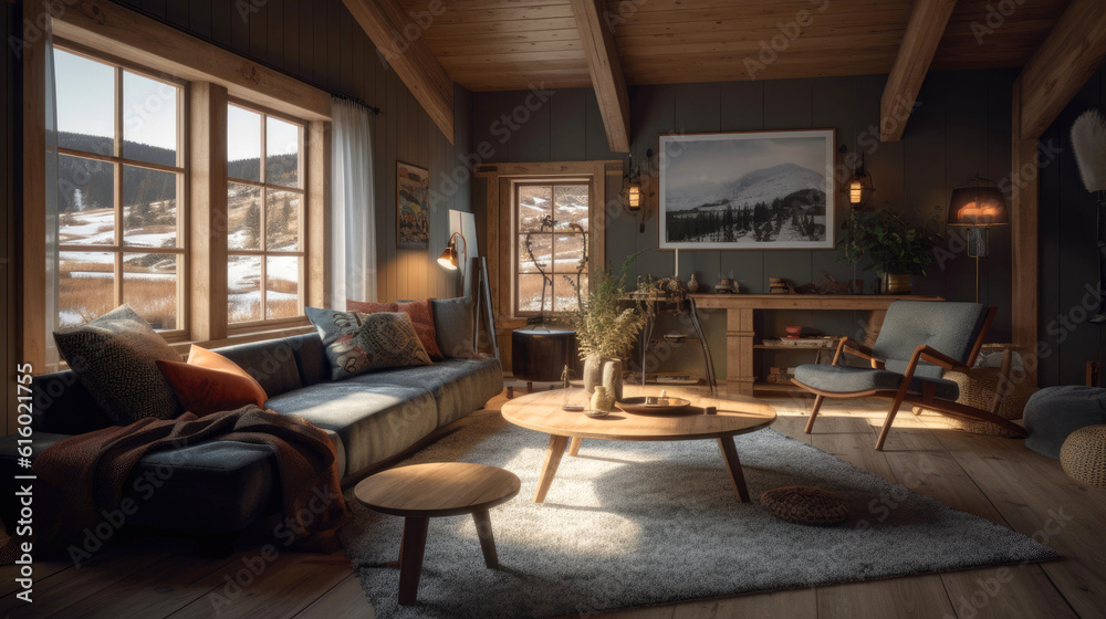 A cozy Norwegian cabin. Generative AI A cozy Norwegian cabin. Generative AI