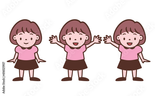 バンザイ・喜ぶ・挨拶・ノーマルな女の子の可愛いポップな子ども・キッズの全身ベクター人物イラスト素材_茶色線