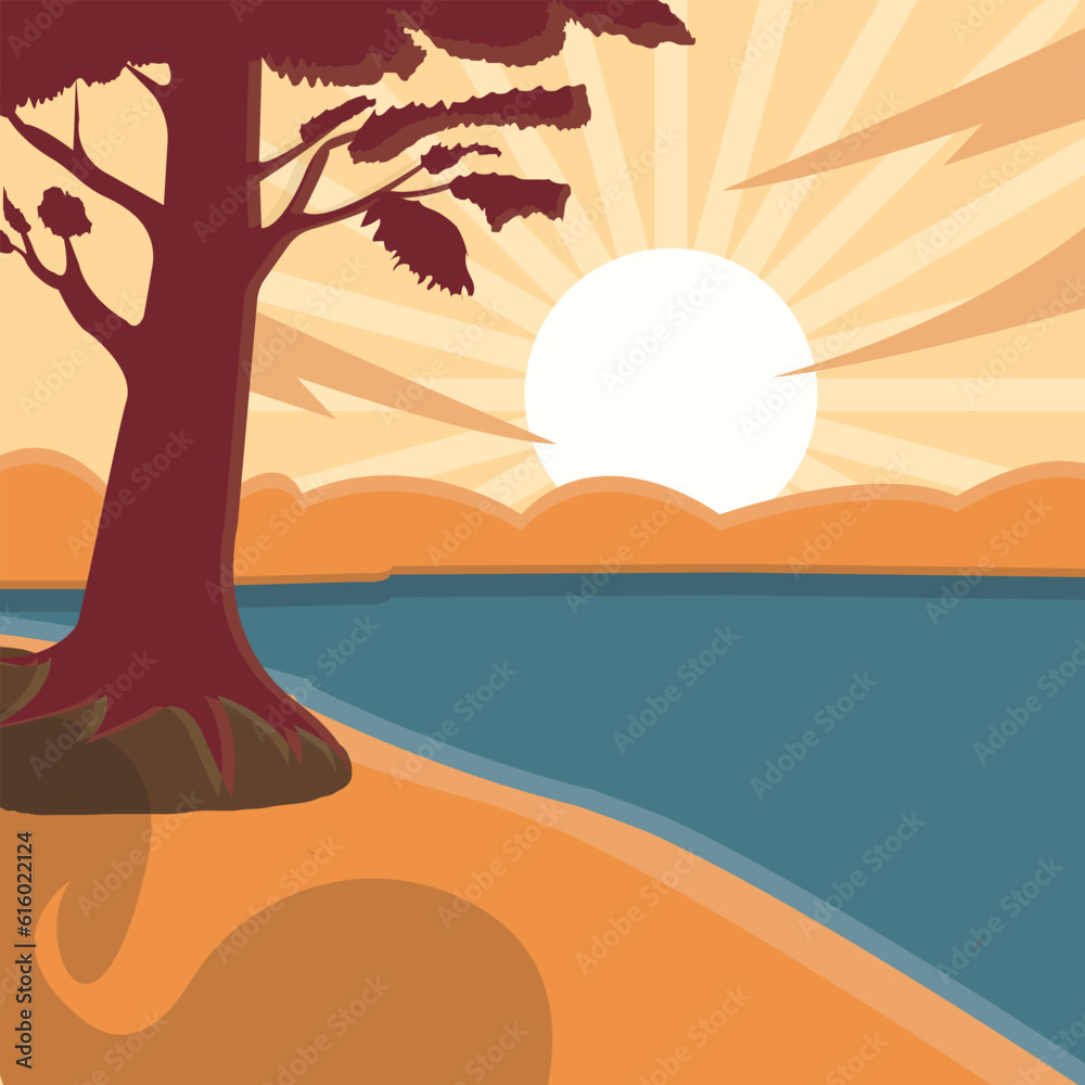 Summer Sunset Serenade Illustrate a Vector Landscape of a Beautiful Sunset, Complete with Silhouettes of Palm Trees and Birds