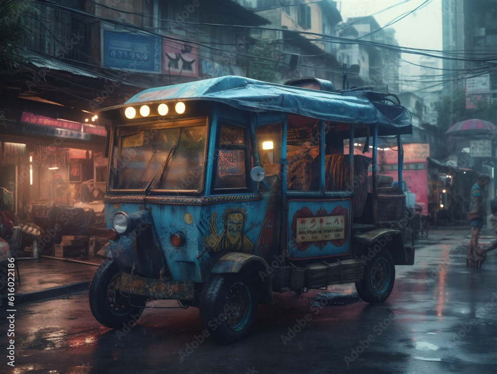 Dilapidated passenger bus in the wet old city street