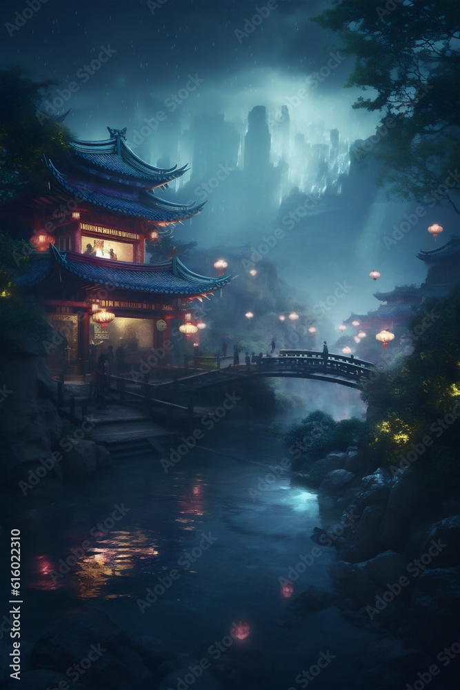 Traditional Chinese architectural style garden courtyard at night.