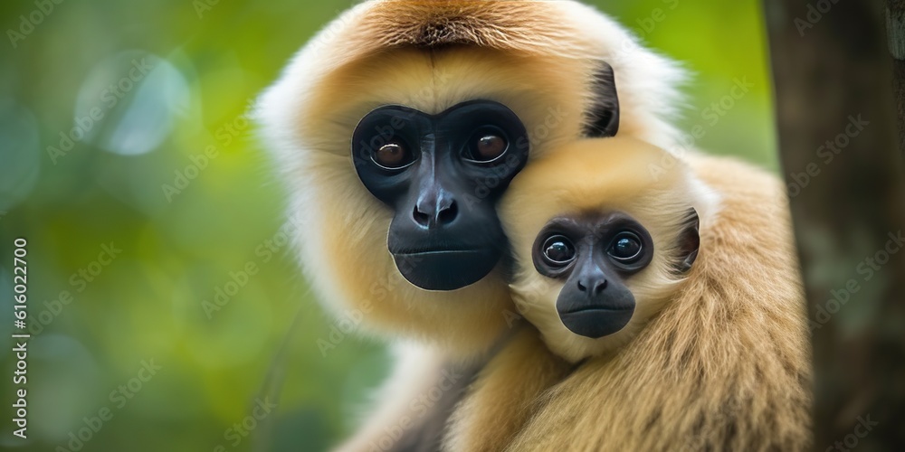 Obraz premium A female chimpanzee with a baby on mangrove trees