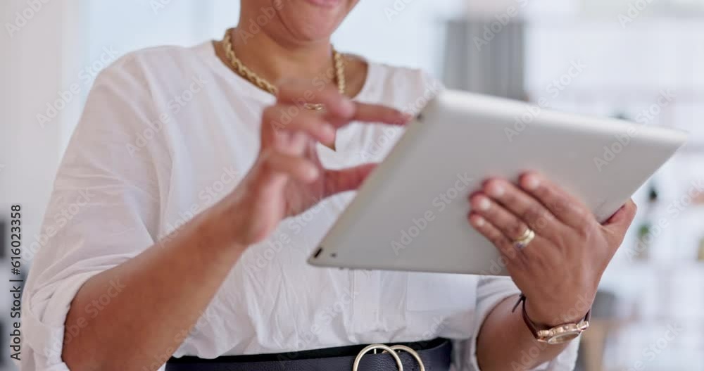Senior woman, tablet and scroll, laughing with website layout and web design with technology at SEO agency. Creative female employee, touchscreen and laughing, meme and research for app development Senior woman, tablet and scroll, laughing with website layout and web design with technology at SEO agency. Creative female employee, touchscreen and laughing, meme and research for app development