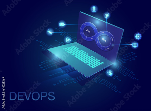 DevOps Infinity shape on screen infographic template for business and marketing goals code data diagram create a digital marketing strategy customized