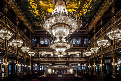 the inside of a building with chandels hanging from the ceiling to the floor and lights on the walls