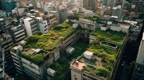 an urban city with lots of buildings and plants growing on the top of their roofs, taken from above it