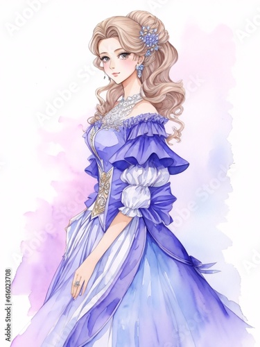 Watercolor art, young, beautiful, women, princess, blue dress, manga style.