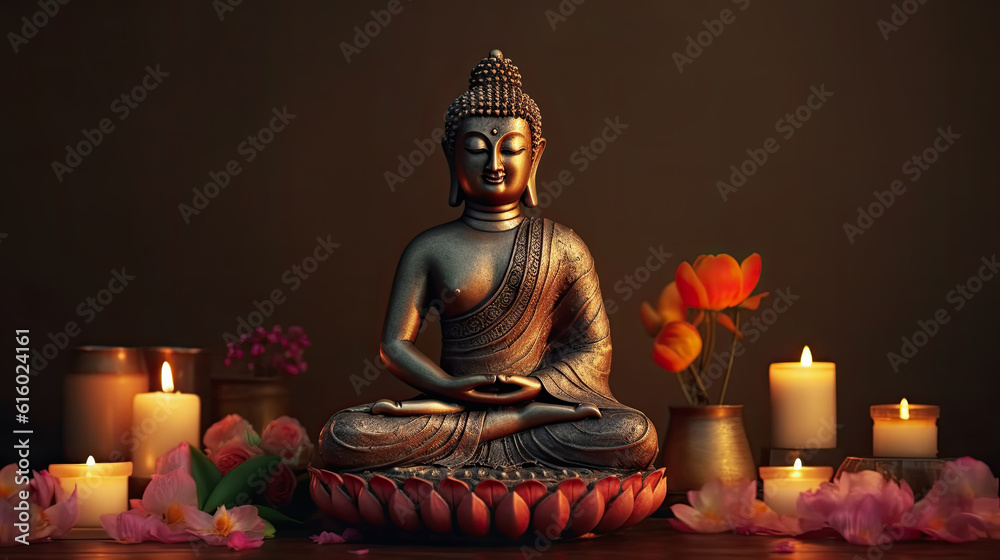 Buddha statue in meditation with lotus flower illustration