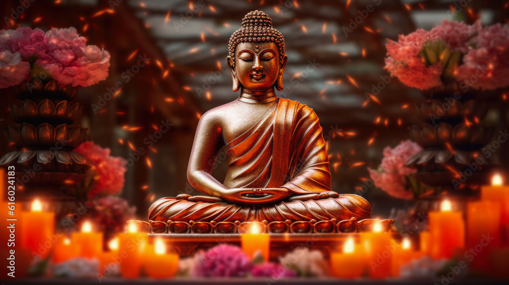 Buddha statue in meditation with lotus flower illustration