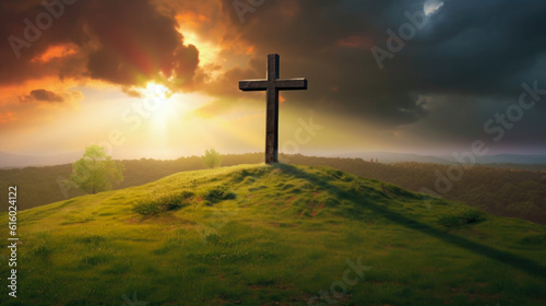 cross of Jesus standing on a green hill pasture with the sunset illustration