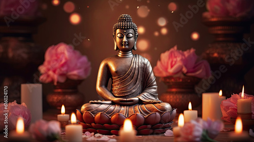 Buddha statue in meditation with lotus flower illustration