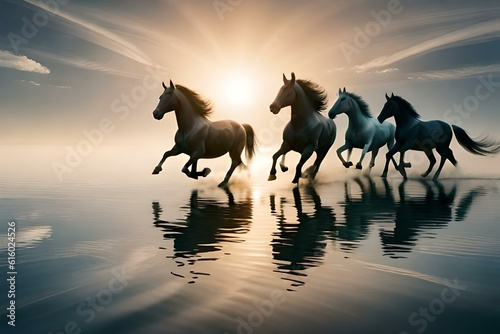 horses on the beach at sunset