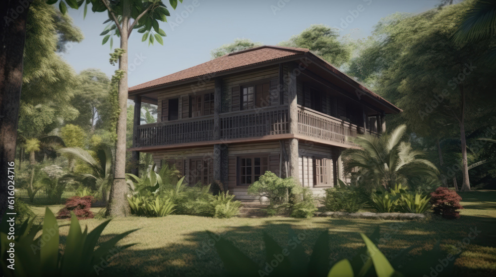 Vintage wooden house in the garden, vintage style color tone. Generative AI