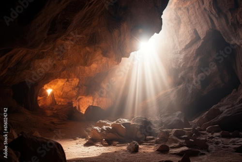 Inside a cave with sunlight shining through the hole in the rock. Generative AI