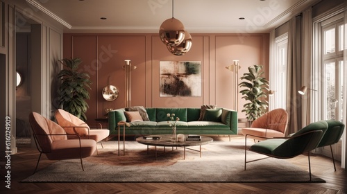 A luxurious and elegant mid-century modern interior design concept for a spacious living room. Generative AI