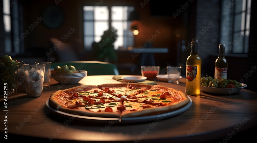 delicious pizza in a restaurant with a blurred background generated ai