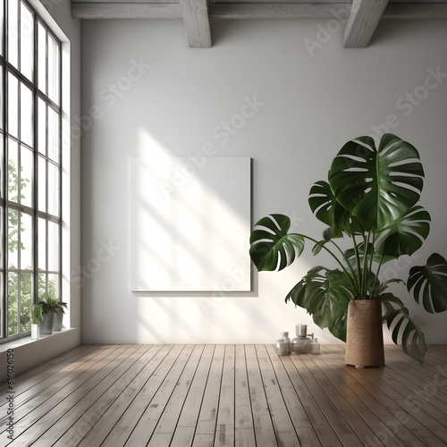 room with blank wall decoration  monstera leaf by the window beside it generated ai