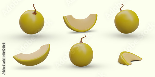 Ripe yellow melon with dry stem. Whole vegetable and chopped sweet slices, cleaned of seeds. Set of isolated 3D images from different angles. Natural vegetarian dessert