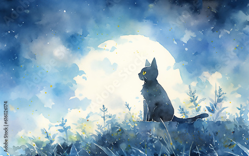 Black cat looking at the moon in the night. AI generative technology.