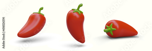 Set of realistic chili peppers. Three red peppers in plasticine style. Vegetables with sharp taste, natural spices. Image with shadows on light background