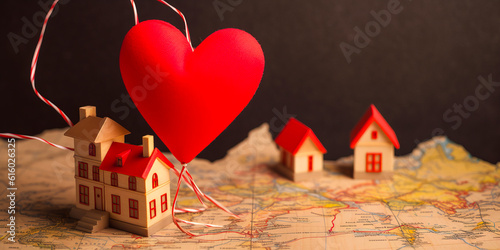 Captivating wooden miniature house on a map, with vibrant red paper hearts escaping from the chimney, evoking love-filled homes across the country. Emotional and unique. Generative AI