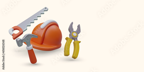 Set of tools for work. Everything for repair and construction. Online catalog of manual equipment. Realistic saw, hammer, pliers, safety helmet. Color poster on pastel background