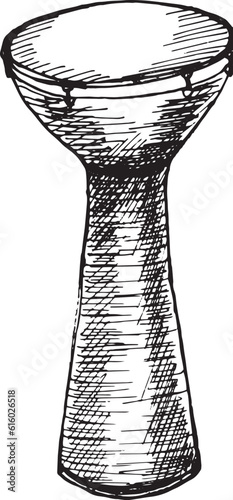 Conga percussion musical instrument vector illustration isolated. Folk instrument ink hand drawn. Ethnic drum of latin america black white. Design element for wrapping, postcard, brochure, poster