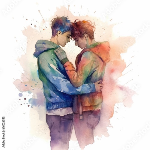 Watercolor painting of a twenty-year-old LGBT couple