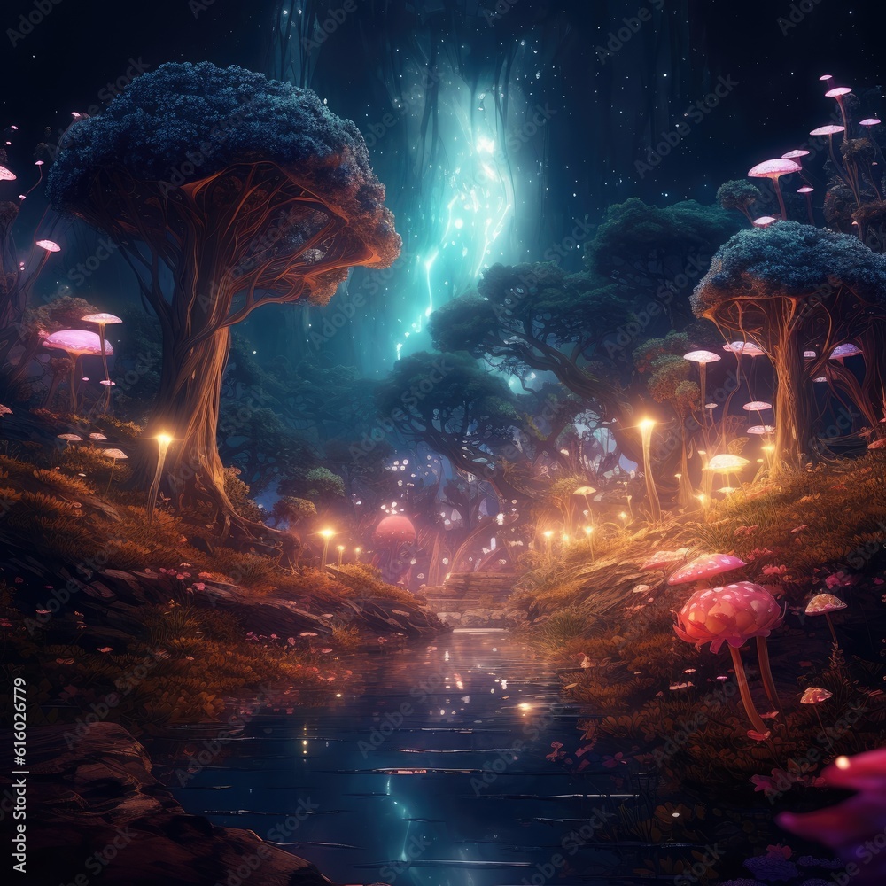 Magical fantasy mushrooms in a magical fairy tale dreamy elf forest ...