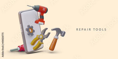 Repair tools. Phone application for finding equipment. Online catalog. 3D smartphone, electric drill, pliers, gear, screwdriver. Vector banner in cartoon style