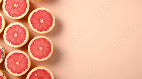 Flat lay, Frische Grapefruit Scheiben ordentlich arrangiert auf Pastell Pfirsich Hintergrund mit viel Kopierraum photo