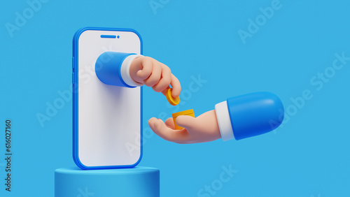 Payment through mobile phone concept. 3D hand from smartphone giving money to other hand. Pay online, online wallet, no cash, online shopping, mobile transfer, 3D illustration