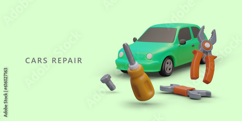 Car repair. Service station. Team of mechanics. Breakdown search, diagnostics, restoration work. Horizontal poster in cute cartoon style. Realistic illustration