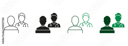 Dialog About Health Care Black and Color Sign. Hospital Physician Counseling Patient Pictogram Collection. Patient Consultation with Doctor Line and Silhouette Icon Set. Isolated Vector Illustration