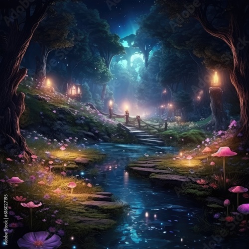 Fantasy forest landscape with stone ruins and bizarre vegetation at a beautiful sunset. Ancient stone fantasy magic portal, passage to the unreal world.
