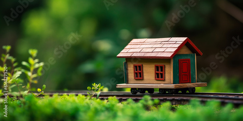 Captivating miniature wooden house on train tracks  embodying mobility and transitional housing concept. Emotionally stirring choice for modern living ideas. Generative AI