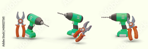 3D cordless drill, pliers. Hand tools for repair. Isolated vector image, view from different sides. Modern illustration in motion, with shadows. Set of vector drawings