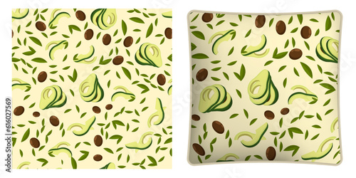 Square decorative pillow, bedroom accessory decorated Avocado fruit seamless pattern with leaves and seeds. Avocado wedges and slices. Vector ornament for design of posters and printing on textile