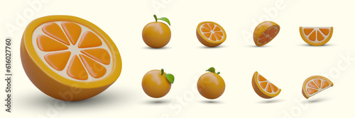 Large set of 3D citrus fruits. Tangerines whole, cut, slices. Realistic oranges in different positions. Vector clementines with shadows. Juicy fruits for web design