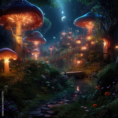 Mystical fly agarics glow in a mysterious dark forest. Fairytale background. © mirexon