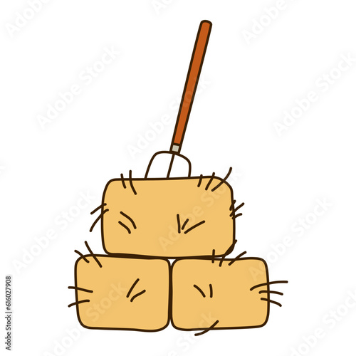 Dry hay bales with pitchforks. Autumn harvest. Flat-style vector illustration isolated on a white background.