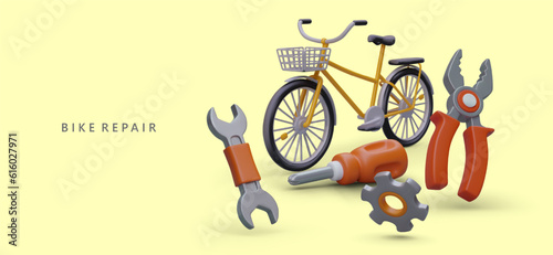 Repair and maintenance of bicycles. 3D bike, pliers, screwdriver, wrench, gear. Advertisement of cycle repair services. Horizontal poster on yellow background