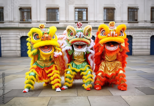 Chinese lion dancers captivate with their traditional street performance in an outdoor field, symbolizing resilience against a bright background. Generative AI.
