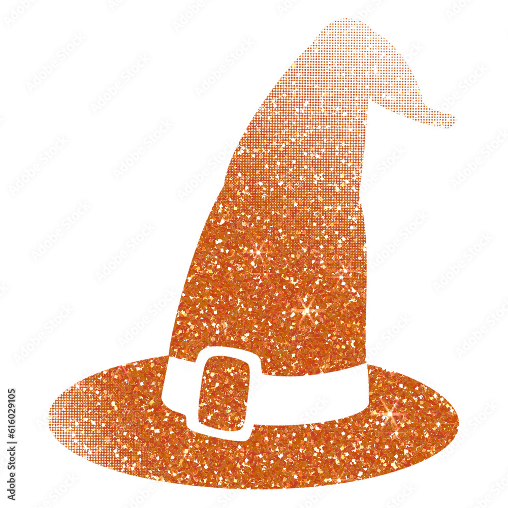 Orange glitter witch hat on transparent background. Witch hat icon