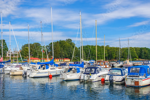 Boats in the harbor at the swedish city of Hjo